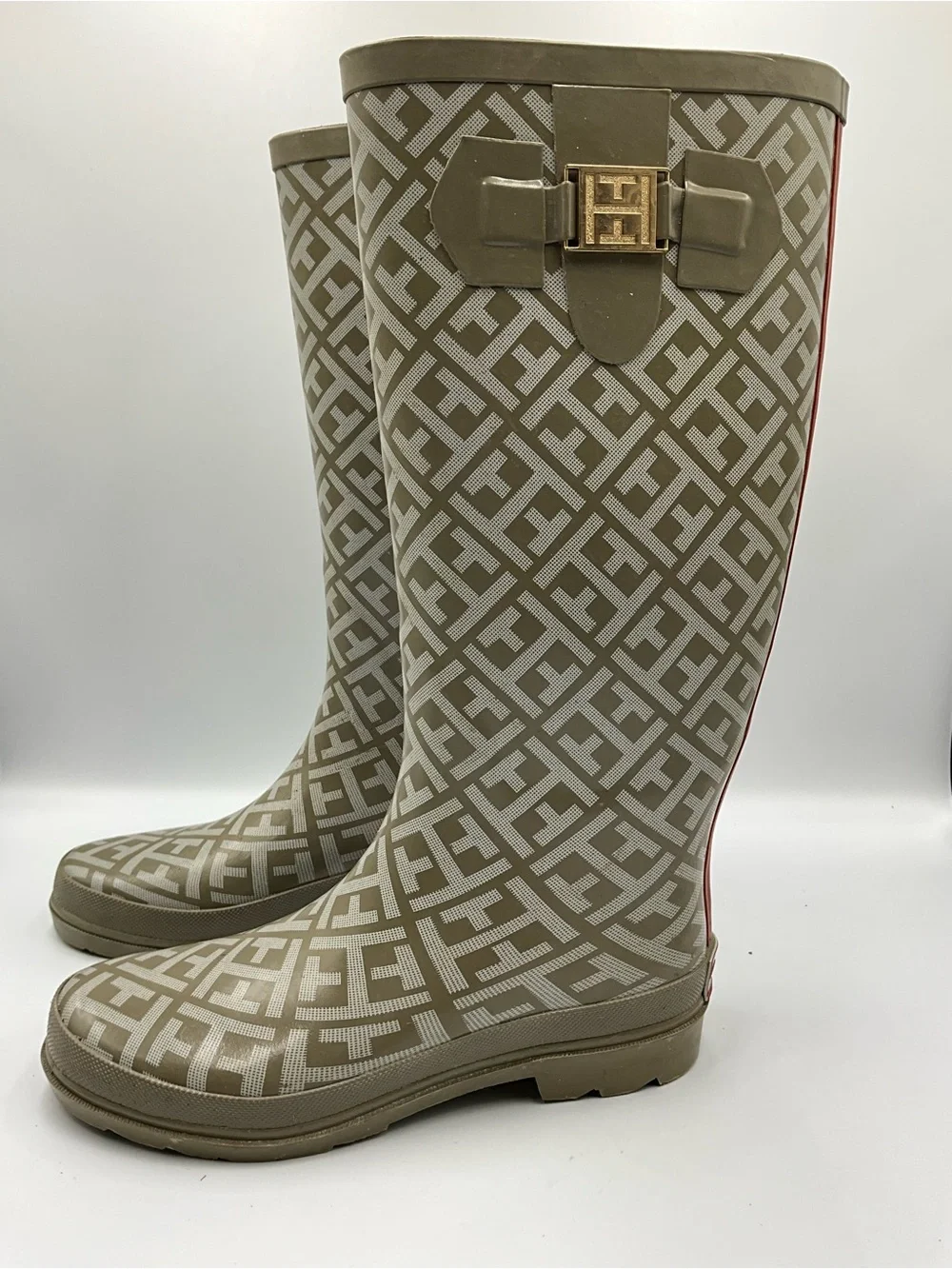 Tommy Hilfiger Rain Boots Size 6 Beige Monogram Rain Boots with Gold Buckle